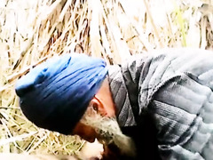 Older Indian Grandfather with facial hair takes on a thick dong no condom & gets a mouthhole of jism